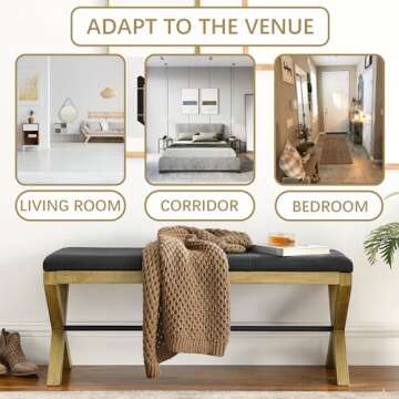 TEFUNE Cushioned Storage Ottomans, Bedroom Stool, Woven Bed Stool with Cross Wooden Legs, Suitable for Living Room and Bedroom (Black, 13.8 * 17.7 * 39.4)