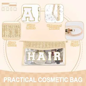 Small Boho Straw Clear Hair Makeup Bags for Women&Girls, Zipper Cosmetic Bag Chenille Varsity Letter Patch Bag, Preppy Cute Toiletry Pouch, Trendy Organizer Storage Bag for Beach Travel Essentials