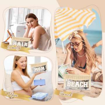 Small Boho Straw Clear Hair Makeup Bags for Women&Girls, Zipper Cosmetic Bag Chenille Varsity Letter Patch Bag, Preppy Cute Toiletry Pouch, Trendy Organizer Storage Bag for Beach Travel Essentials