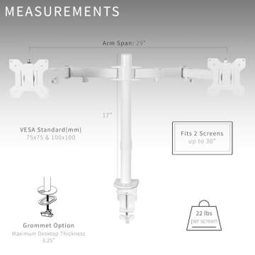 VIVO Dual Monitor Desk Mount, Heavy Duty Fully Adjustable Steel Stand, Holds 2 Computer Screens up to 30 inches and Max 22lbs Each, White, STAND-V002W