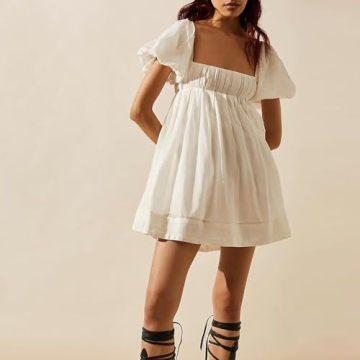 Juakoso Puff Sleeve Babydoll Mini Dress for Summer Fun