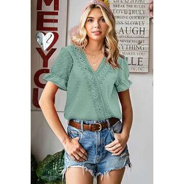 LOLONG Short Sleeve Shirts for Women V Neck Puff Tops Casual Dressy Summer Chiffon Pom Poms Blouses