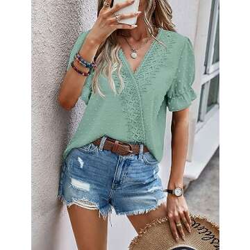 LOLONG Short Sleeve Shirts for Women V Neck Puff Tops Casual Dressy Summer Chiffon Pom Poms Blouses