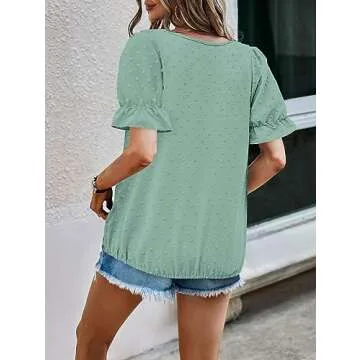 LOLONG Short Sleeve Shirts for Women V Neck Puff Tops Casual Dressy Summer Chiffon Pom Poms Blouses