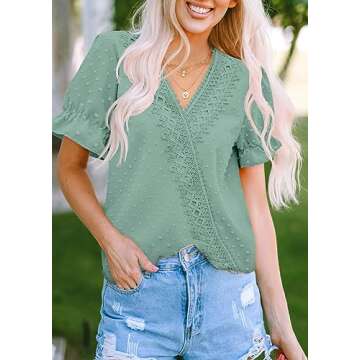 LOLONG Short Sleeve Shirts for Women V Neck Puff Tops Casual Dressy Summer Chiffon Pom Poms Blouses