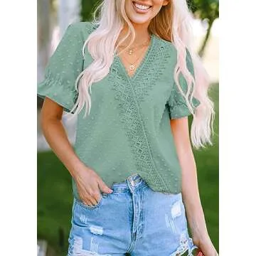 LOLONG Short Sleeve Shirts for Women V Neck Puff Tops Casual Dressy Summer Chiffon Pom Poms Blouses