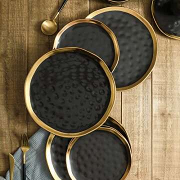 Stone Lain Florian Modern Porcelain 16 Piece Dinnerware Set, Plates and Bowls Set, Dish set for 4, Black And Golden Rim