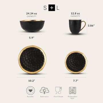 Stone Lain Florian Modern Porcelain 16 Piece Dinnerware Set, Plates and Bowls Set, Dish set for 4, Black And Golden Rim