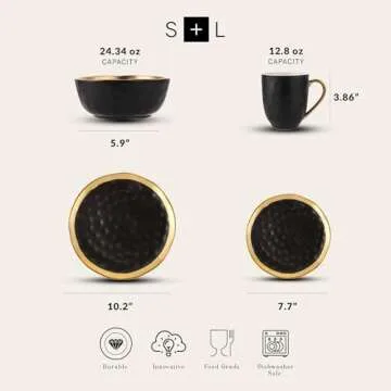 Stone Lain Florian 16-Piece Dinnerware Set, Black & Gold