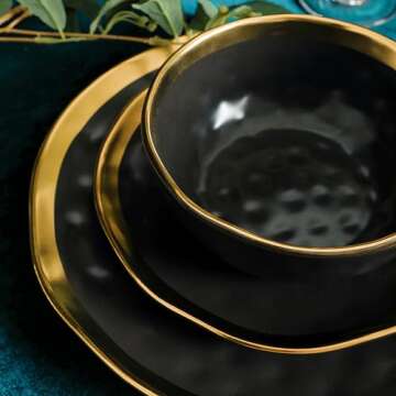 Stone Lain Florian Modern Porcelain 16 Piece Dinnerware Set, Plates and Bowls Set, Dish set for 4, Black And Golden Rim