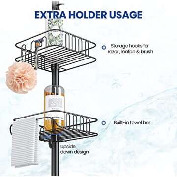 SEIRIONE Rustproof Shower Caddy Corner and Shower Organizer Corner for Bathroom,Corner Shower Caddy Tension Pole with 4 Adjustable Baskets for Shower Accessories, 61.3 to 113 Inch Height, Black