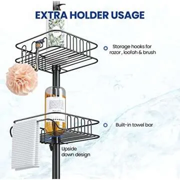 SEIRIONE Rustproof Shower Caddy Corner and Shower Organizer Corner for Bathroom,Corner Shower Caddy Tension Pole with 4 Adjustable Baskets for Shower Accessories, 61.3 to 113 Inch Height, Black