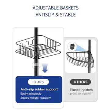 SEIRIONE Rustproof Shower Caddy Corner and Shower Organizer Corner for Bathroom,Corner Shower Caddy Tension Pole with 4 Adjustable Baskets for Shower Accessories, 61.3 to 113 Inch Height, Black