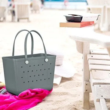 futaiphy Large Rubber Beach Bag, Waterproof Sandproof OutdoorTote Bag, Durable Open Tote Bag with Holes for Beach Sports