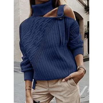 Happy Sailed Womens Cold Shoulder Sweater High Neck Long Sleeve Jumper Tops Solid Color Cable Knitted Pullover Sweater Blue Medium