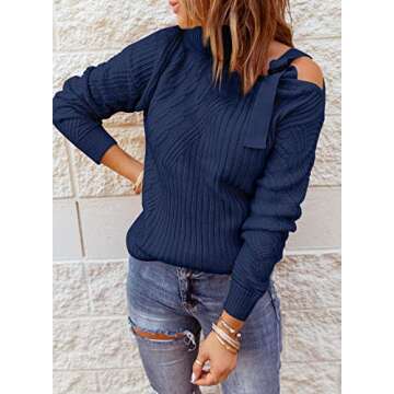 Happy Sailed Womens Cold Shoulder Sweater High Neck Long Sleeve Jumper Tops Solid Color Cable Knitted Pullover Sweater Blue Medium