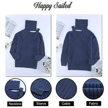 Happy Sailed Womens Cold Shoulder Sweater High Neck Long Sleeve Jumper Tops Solid Color Cable Knitted Pullover Sweater Blue Medium