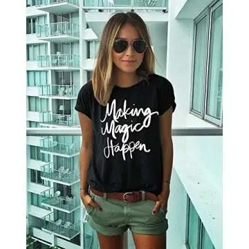 Making Magic Happen Shirt Women Short Sleeve Cute Funny Vacation Tee T-Shirt L Black