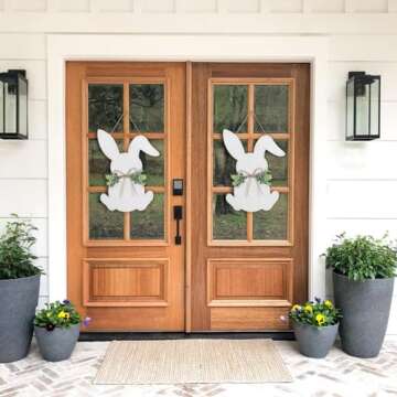 YoleShy Easter Door Wreath, Easter Sign Easter Wall Decor - Easter Bunny Door Hanger Easter Door Decorations with Bow for Rustic Spring Easter Front Door Wall Home Decorations, 16.1 x 11.81 Inch