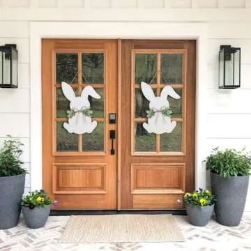 YoleShy Easter Door Wreath, Easter Sign Easter Wall Decor - Easter Bunny Door Hanger Easter Door Decorations with Bow for Rustic Spring Easter Front Door Wall Home Decorations, 16.1 x 11.81 Inch