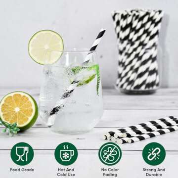 [500 Counts] Chunspak 5.75 inch Eco-friendly Disposable Short Paper Drinking Straws Bulk for Cocktail, Mixed Drinks - Black White Striped