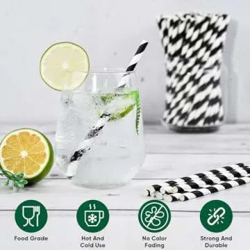 [500 Counts] Chunspak 5.75 inch Eco-friendly Disposable Short Paper Drinking Straws Bulk for Cocktail, Mixed Drinks - Black White Striped
