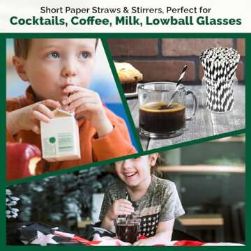[500 Counts] Chunspak 5.75 inch Eco-friendly Disposable Short Paper Drinking Straws Bulk for Cocktail, Mixed Drinks - Black White Striped