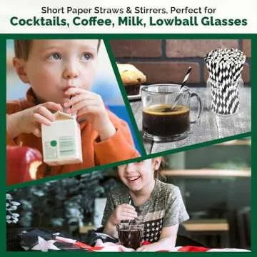 [500 Counts] Chunspak 5.75 inch Eco-friendly Disposable Short Paper Drinking Straws Bulk for Cocktail, Mixed Drinks - Black White Striped