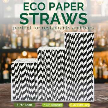 [500 Counts] Chunspak 5.75 inch Eco-friendly Disposable Short Paper Drinking Straws Bulk for Cocktail, Mixed Drinks - Black White Striped