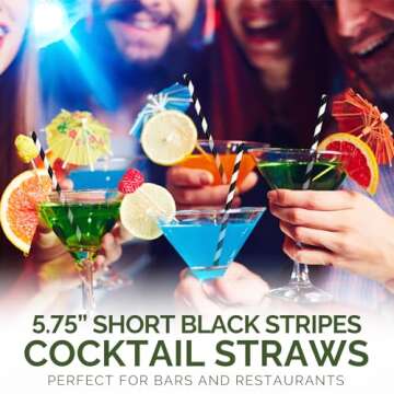[500 Counts] Chunspak 5.75 inch Eco-friendly Disposable Short Paper Drinking Straws Bulk for Cocktail, Mixed Drinks - Black White Striped