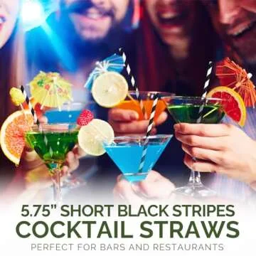 [500 Counts] Chunspak 5.75 inch Eco-friendly Disposable Short Paper Drinking Straws Bulk for Cocktail, Mixed Drinks - Black White Striped