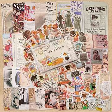 Knaid Vintage Scrapbook Supplies Pack (200 Pieces) for Junk Journal Bullet Journals Planners Aesthetic Paper Stickers Craft Kits Cottagecore Collage Album (Retro)