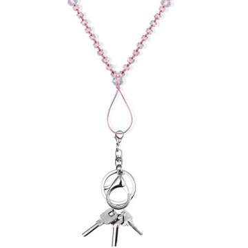 AMUU 1 Pack Necklace Women Lanyard For ID Badge Holder Keys Cell Phone,Strong Neck Lanyards Fashion Beautiful Bead Chain Necklaces Pink