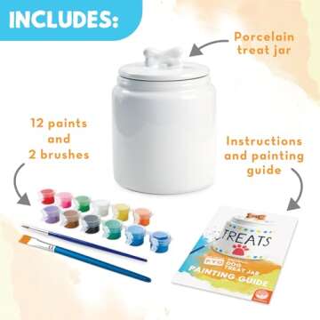 MindWare Paint Your Own Porcelain: Dog Treat Jar Craft Kit - Includes Porcelain Dog Treat jar, 12 Bright Colors of Porcelain Paint, 2 paintbrushes and Painting Guide