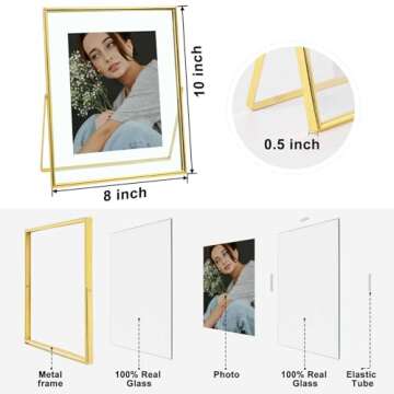 Qiannhee Gold Floating Frame (Vertical,2 Set),8x10 Picture Frame for Tabletop Display,Hold 8x10in 6x8in 5x7in Photo, Real Glass & Metal Stand, Gold Floating Picture Frame For Gift,Wedding,Home Décor