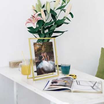 Qiannhee Gold Floating Frame (Vertical,2 Set),8x10 Picture Frame for Tabletop Display,Hold 8x10in 6x8in 5x7in Photo, Real Glass & Metal Stand, Gold Floating Picture Frame For Gift,Wedding,Home Décor