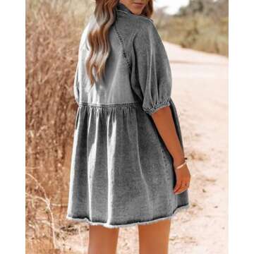 Pepochic Womens Summer Denim Dress Button Down Short Sleeve Babydoll Dress Puff Sleeve Flowy Jean Dress Grey
