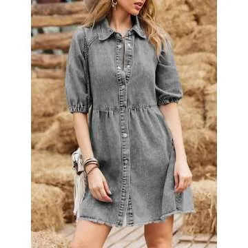 Pepochic Womens Summer Denim Dress Button Down Short Sleeve Babydoll Dress Puff Sleeve Flowy Jean Dress Grey