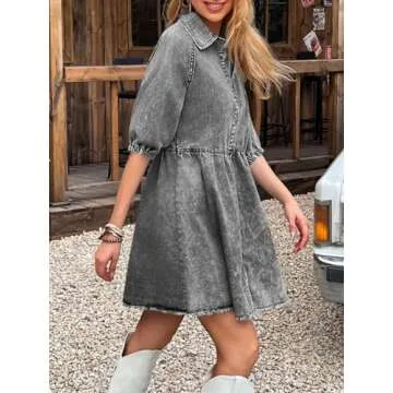Pepochic Womens Summer Denim Dress Button Down Short Sleeve Babydoll Dress Puff Sleeve Flowy Jean Dress Grey