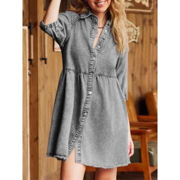 Pepochic Womens Summer Denim Dress Button Down Short Sleeve Babydoll Dress Puff Sleeve Flowy Jean Dress Grey