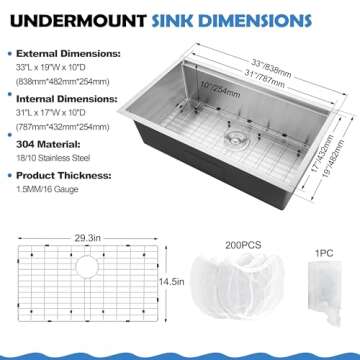Homikit Undermount Kitchen Sink, 33 x 19 Inch Large 16 Gauge Stainless Steel Farmhouse Kitchen Sinks, 10" Deep Workstation Single Bowl Sink with R10 Corner, Bottom Rinse Grid & 200Pcs Strainer Bags