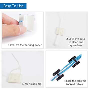 10Gtek Self Adhesive Cable Tie Mounts - 3M Strongly Adhesive-Backed Zip Tie Base Holders for Home, Office Cable Wire Management(19.5mm x 19.5mm, White, 100pack)