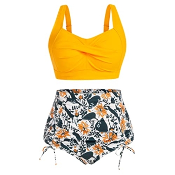 Hanna Nikole Women's Plus Size High Waisted Tummy Control Bikini Swimwear - Yellow Floral 14W