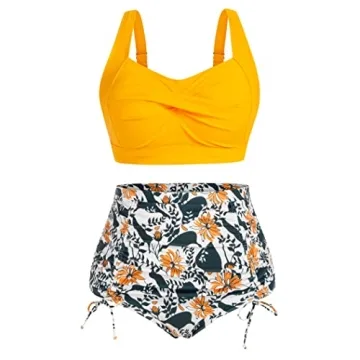 Hanna Nikole Women's Plus Size High Waisted Tummy Control Bikini Swimwear - Yellow Floral 14W