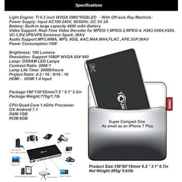 Mini Projector, New Android 7.1 DLP Built-in Battery Wireless Airplay Miracast Screen Share Mirroring Support 1080P Movie Player Portable LED Pocket Pico Projector WiFi USB HDMI Remote