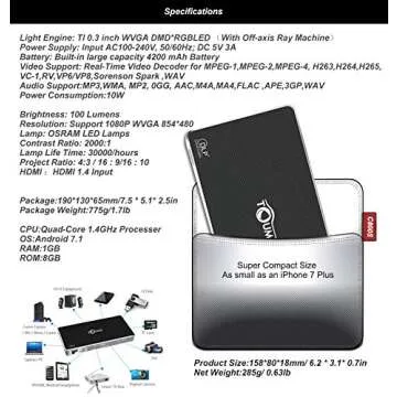 Mini Projector, New Android 7.1 DLP Built-in Battery Wireless Airplay Miracast Screen Share Mirroring Support 1080P Movie Player Portable LED Pocket Pico Projector WiFi USB HDMI Remote