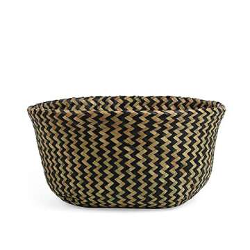 BlueMake Woven Seagrass Belly Basket for Storage Plant Pot Basket and Laundry, Picnic and Grocery Basket (Medium, black strips)
