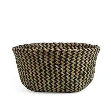 BlueMake Woven Seagrass Belly Basket for Storage Plant Pot Basket and Laundry, Picnic and Grocery Basket (Medium, black strips)