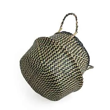 BlueMake Woven Seagrass Belly Basket for Storage Plant Pot Basket and Laundry, Picnic and Grocery Basket (Medium, black strips)