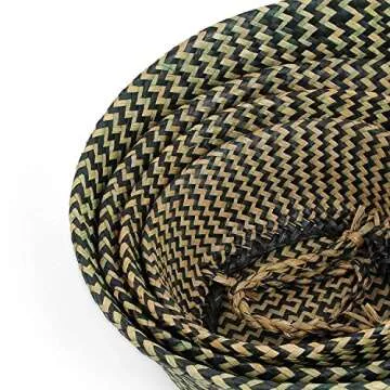 BlueMake Woven Seagrass Belly Basket for Storage Plant Pot Basket and Laundry, Picnic and Grocery Basket (Medium, black strips)